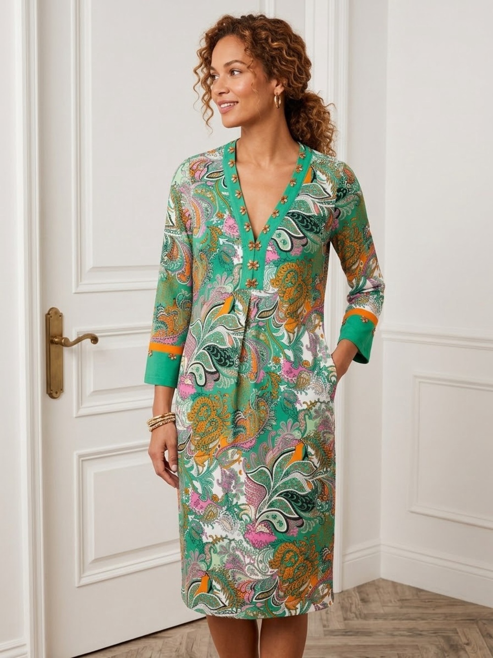 ESQUALO Green Paisley V-Neck Midi Dress
